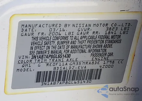 2016 Nissan Sentra S z USA, uszkodzony, nr VIN 3N1AB7AP8GL651430